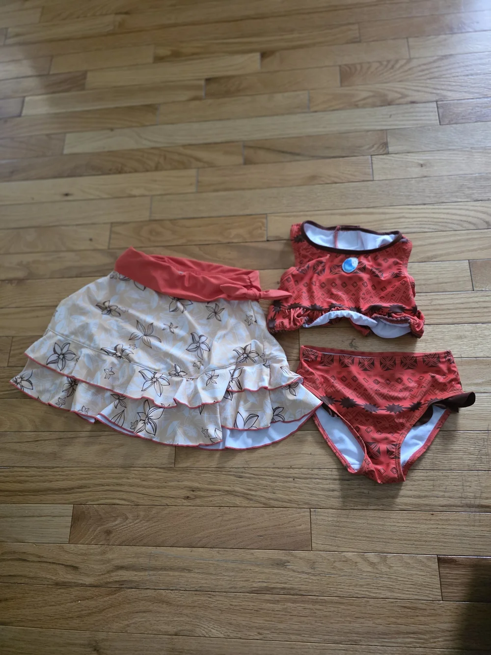 Disney Moana 3 Piece Coral and Cream Floral Swim Set with Skirt